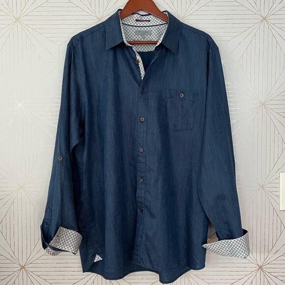 Ted Baker London Navy Blue Linen Cotton Blend Long Sleeve shirt Sz 7 (XXXL) $210 - Picture 8 of 15